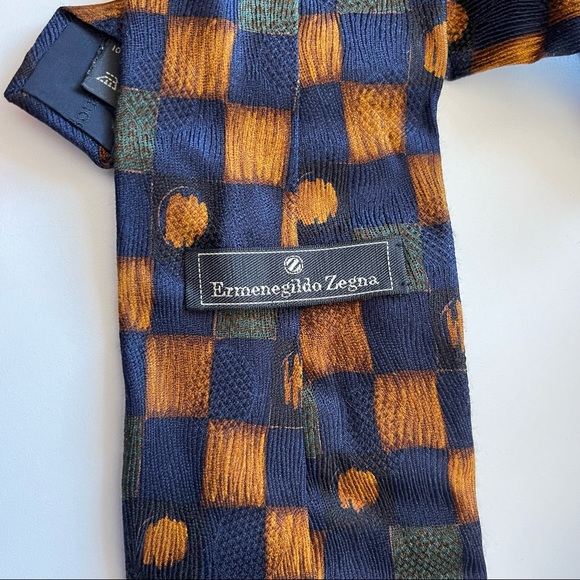 ERMENEGILDO ZEGNA 100% Silk Tie Blue Gold Green Squares Geometric Checkered - Picture 4 of 7